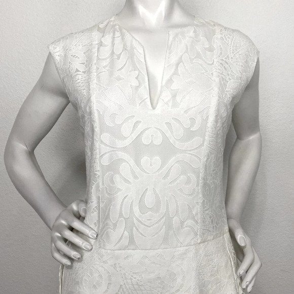 BCBGMaxAzria White Isabel V-Neck Lace Draped Side Peplum Mini Dress Size 2 - Picture 3 of 9